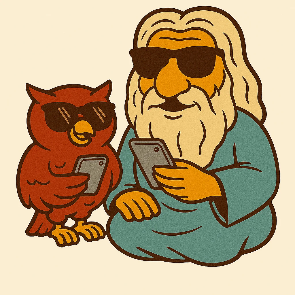 The Gift Guru and Owl with phones